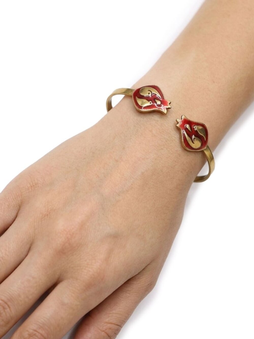 Vintage Brass Red Enamel Pomegranate Cuff Bracelet Birds Symbolic Gold